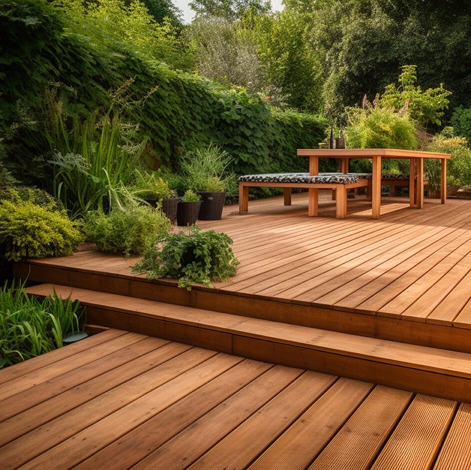 Holzdielen-Terrasse mit warmtonigen, geölten Dielen trägt Holztisch und gepolsterte Bank; mehrstufige Plattform mit zwei Stufen, Topfpflanzen und dichten Sträuchern im Hintergrund.